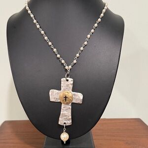 Hammered metal two tone Cross Pendant and faux pearl chain necklace